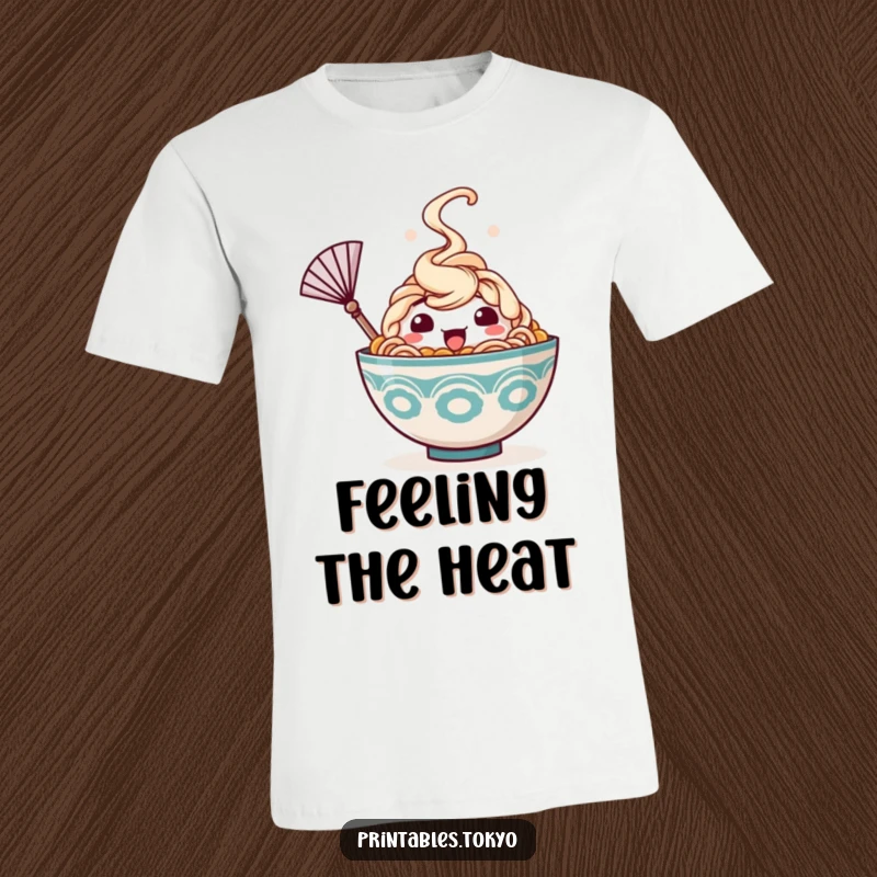Funny t-shirt depicting a happy ramen bowl character with rising steam, humorously waving a small fan to cool down, comical food art.