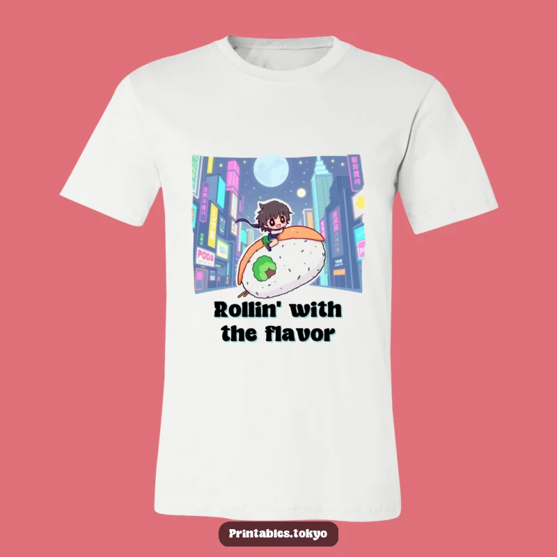 Funny Sushi Rider T-Shirt: Neon City Character, Hilarious Urban Foodie Style