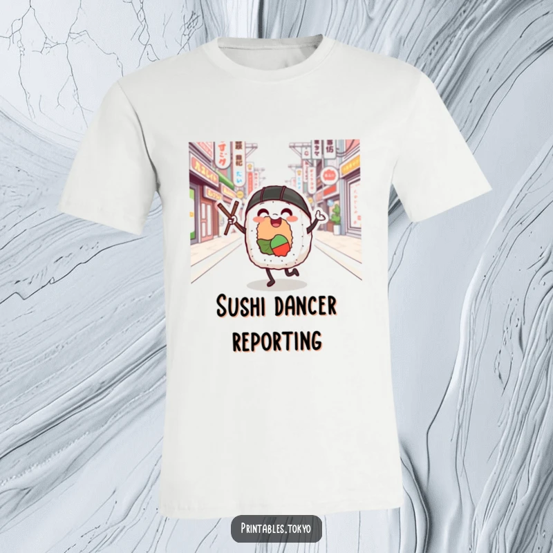 Funny sushi roll character in mid-dance on a Tokyo street, holding chopsticks, exuding pure joy and movement.