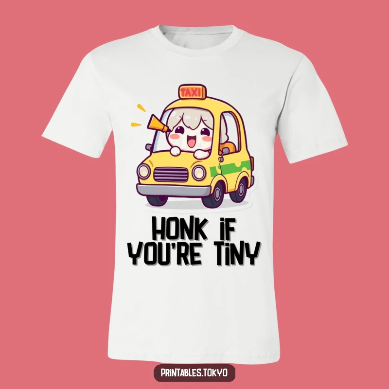 Funny Tiny Taxi T-Shirt: Cheerful Character Honking Horn, Hilarious Wearable Comedy