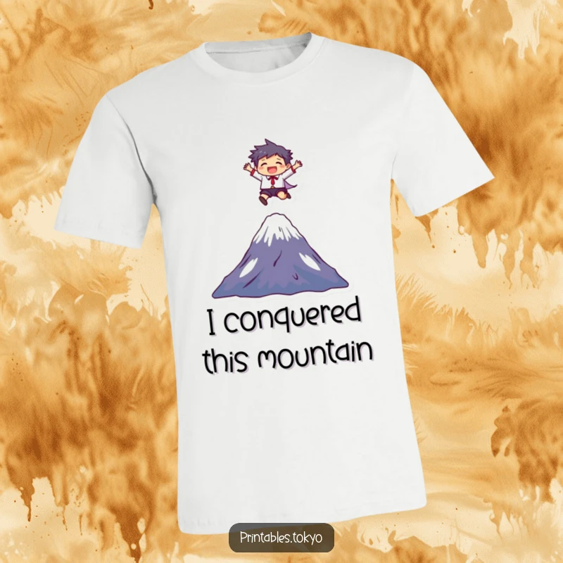 Funny T-Shirt: A character joyfully leaps over Mount Fuji, embodying boundless energy and a humorous celebration of achievement.