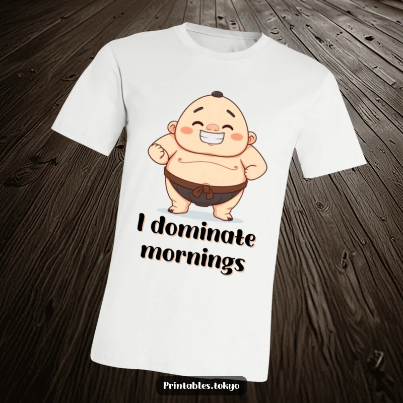 Funny T-shirt graphic of a character striking a sumo wrestling pose with a beaming, proud smile.