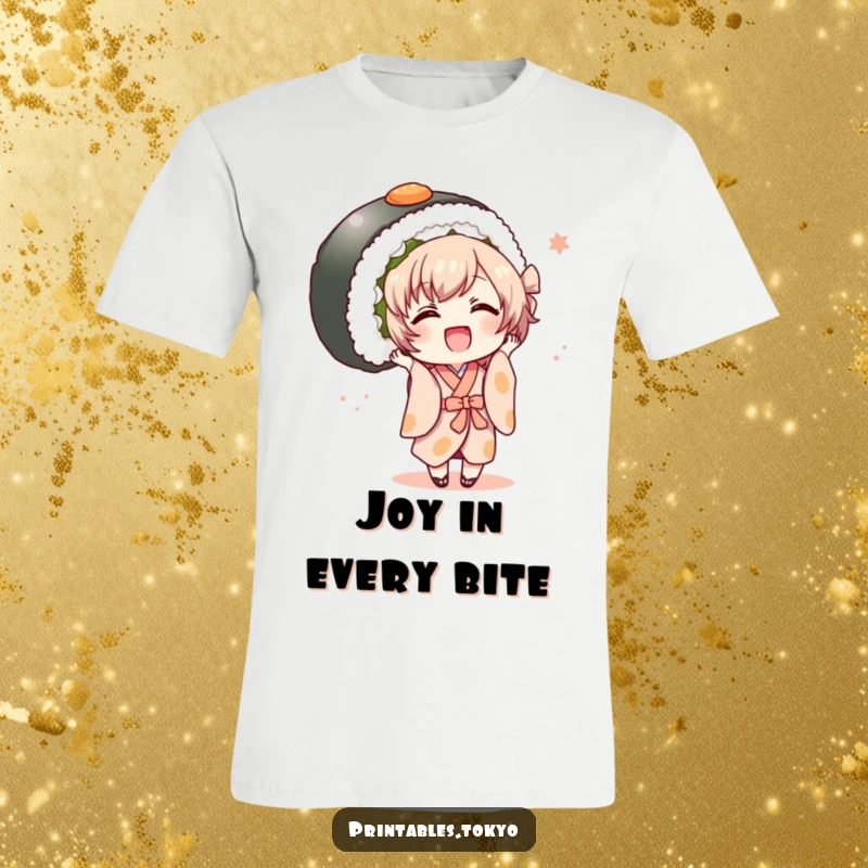 Funny small character in a Japanese kimono holding a massive sushi roll, joyfully celebrating food on a t-shirt.