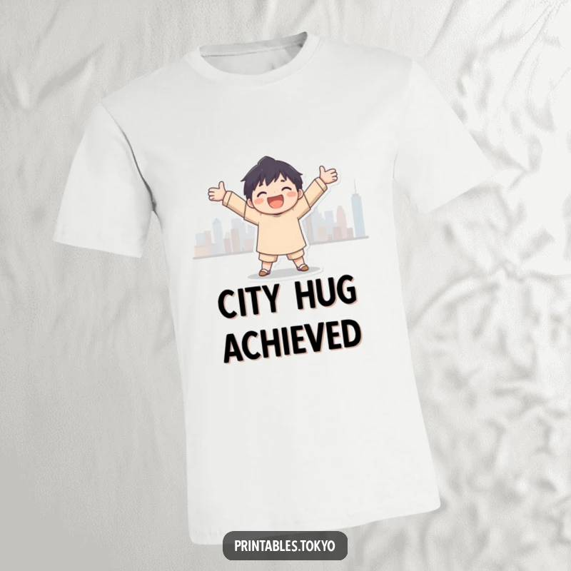 Funny city embrace t-shirt, a character joyfully hugging a city skyline silhouette, celebrating urban life with humor.