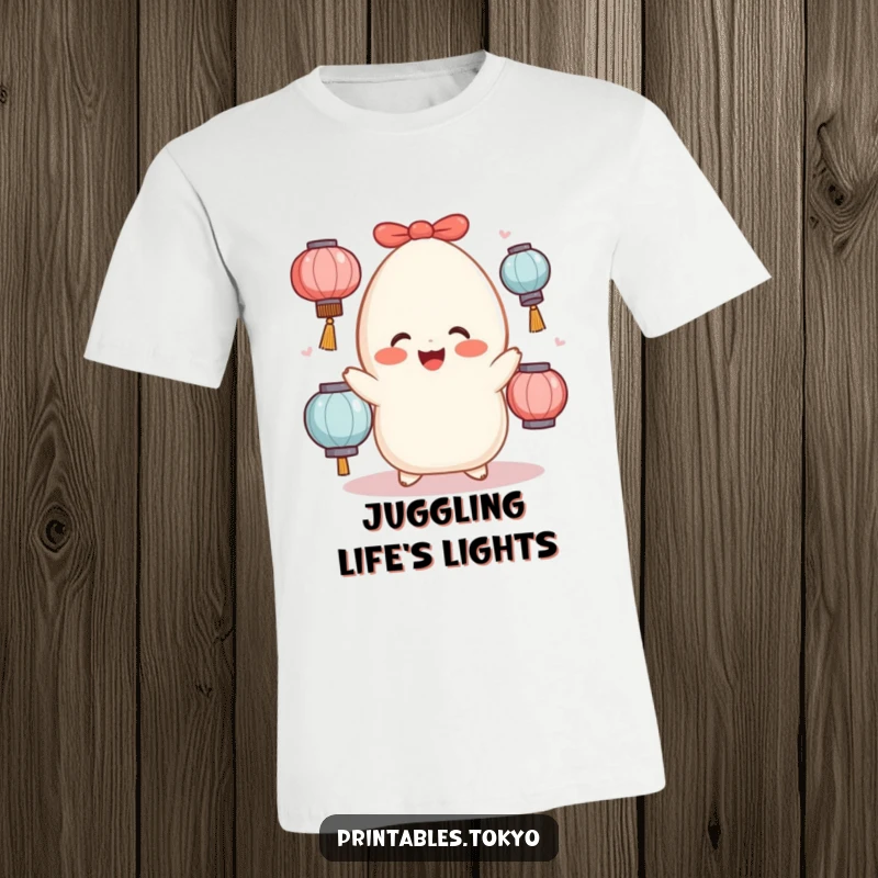 Funny rosy-cheeked mochi character skillfully juggling bright lanterns, depicted on a cheerful t-shirt.