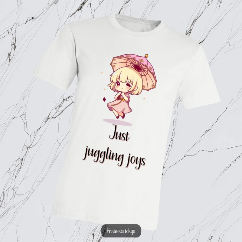 Funny t-shirt graphic of a cheerful character playfully bouncing a small, elegant umbrella, embodying lightheartedness and fun.
