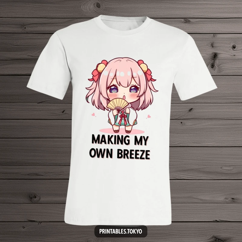 Funny T-Shirt: A character playfully gestures with a small fan, embodying a cool and humorous attitude, perfect for a funny gift.