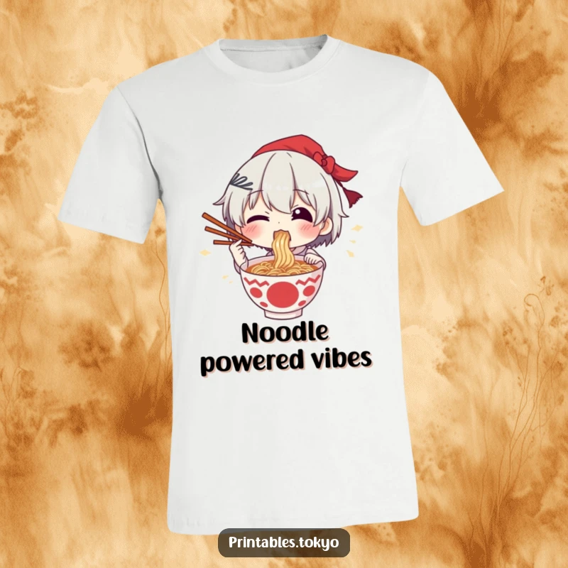Funny T-shirt graphic of a character joyfully eating ramen with chopsticks raised high in delight.