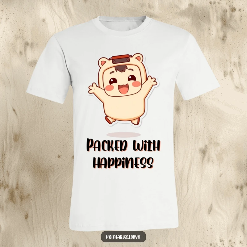 Funny T-Shirt: A smiling character with a bento box accessory jumps happily, celebrating food and fun with humor, great for a funny gift.