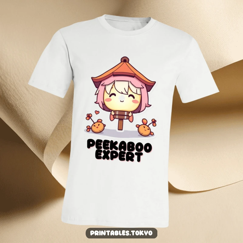 Funny t-shirt graphic of a curious character peeking out from behind a luminous paper lantern, creating a sense of playful mystery.