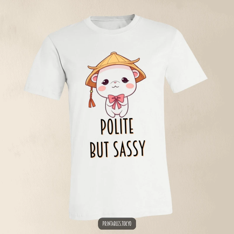 Funny cute creature wearing a traditional Japanese hat, bowing shyly with a bashful expression, printed on a t-shirt. Adorable and humorous.