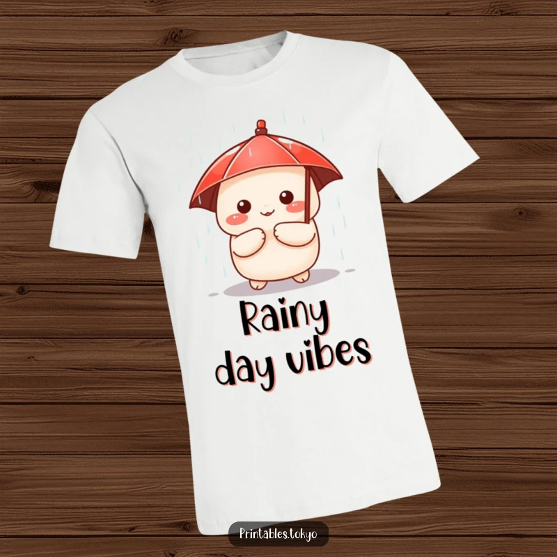 Funny t-shirt showcasing a cute dumpling character wearing a small red umbrella, peeking from a downpour, whimsical and endearing design.