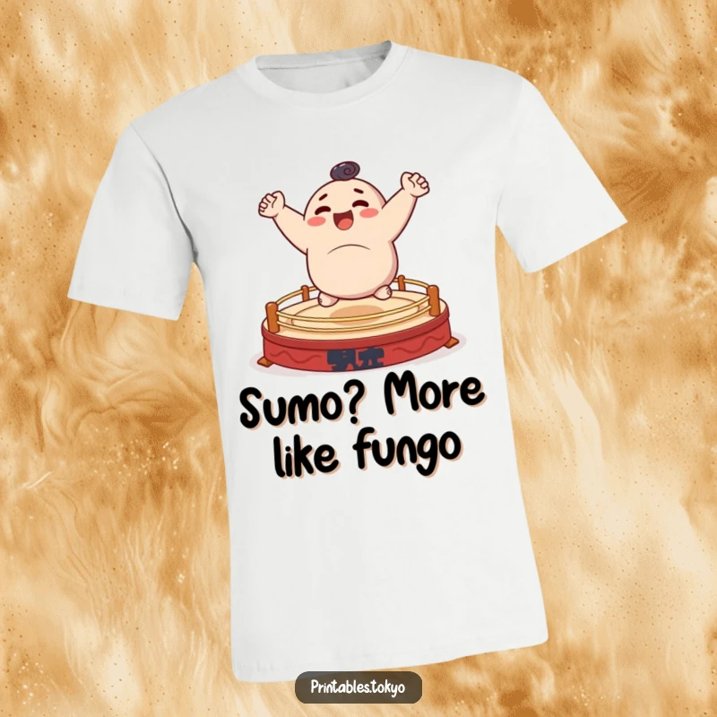 Funny t-shirt of a character happily and energetically bouncing on a small, stylized sumo ring.