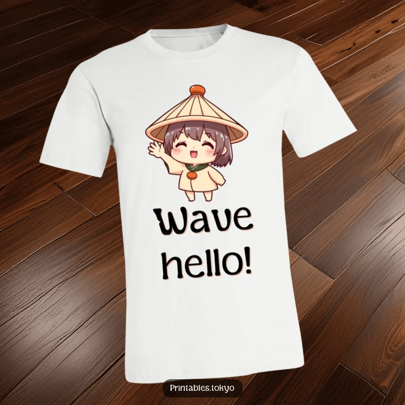 Funny t-shirt of a cute character in a traditional Japanese hat, enthusiastically waving, conveying a message of warmth and joyful welcome.