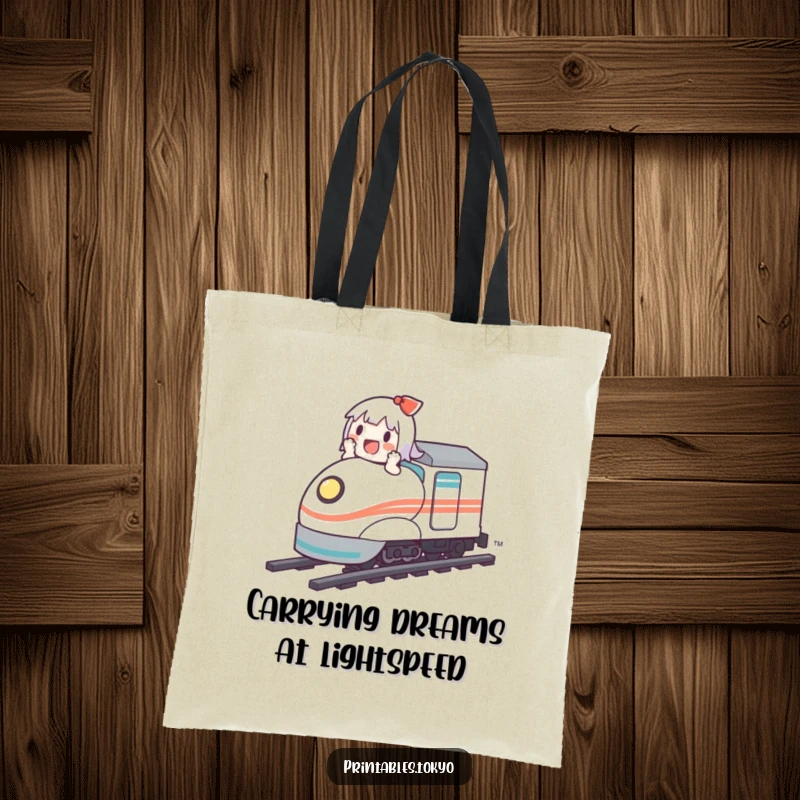Funny tote bag illustration of a cute character enjoying a thrilling ride on a miniature bullet train.