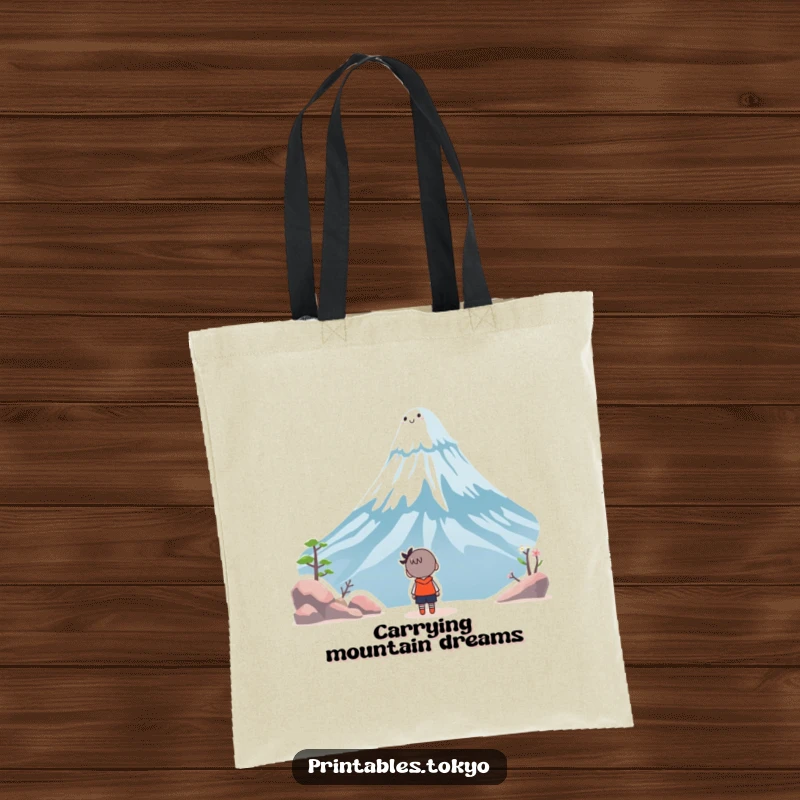 Funny tote bag illustration of a character looking up in wonder at a smiling, whimsical Mount Fuji, perfect for carrying daily items.