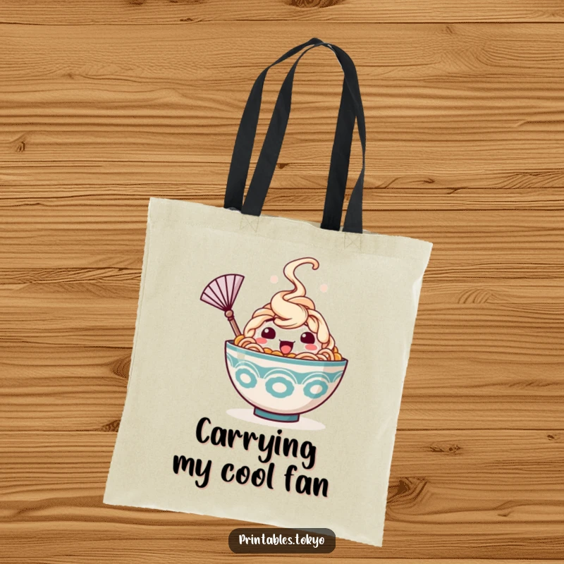 Funny tote bag with a happy ramen bowl character, steam rising, waving a tiny fan, perfect for carrying items with humor.
