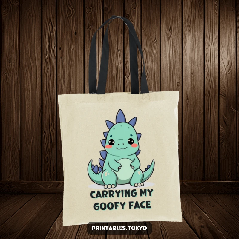 Funny tote bag showing a character making a silly face to surprise a small, cute Godzilla, practical and amusing.