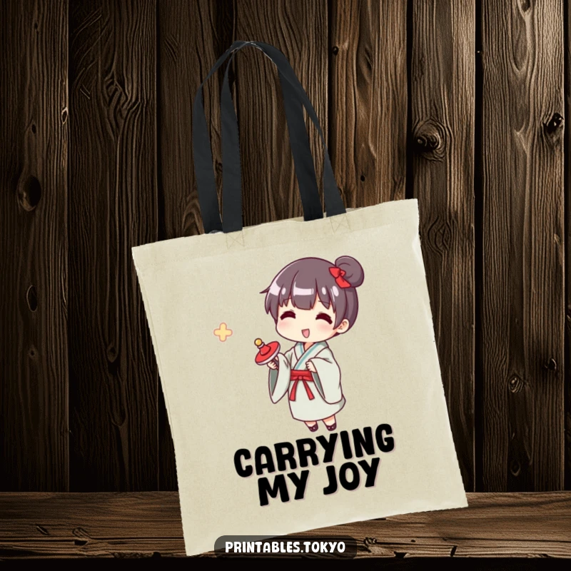 Funny yukata spinner tote bag, a character in a yukata happily spinning a top, a humorous and practical accessory.