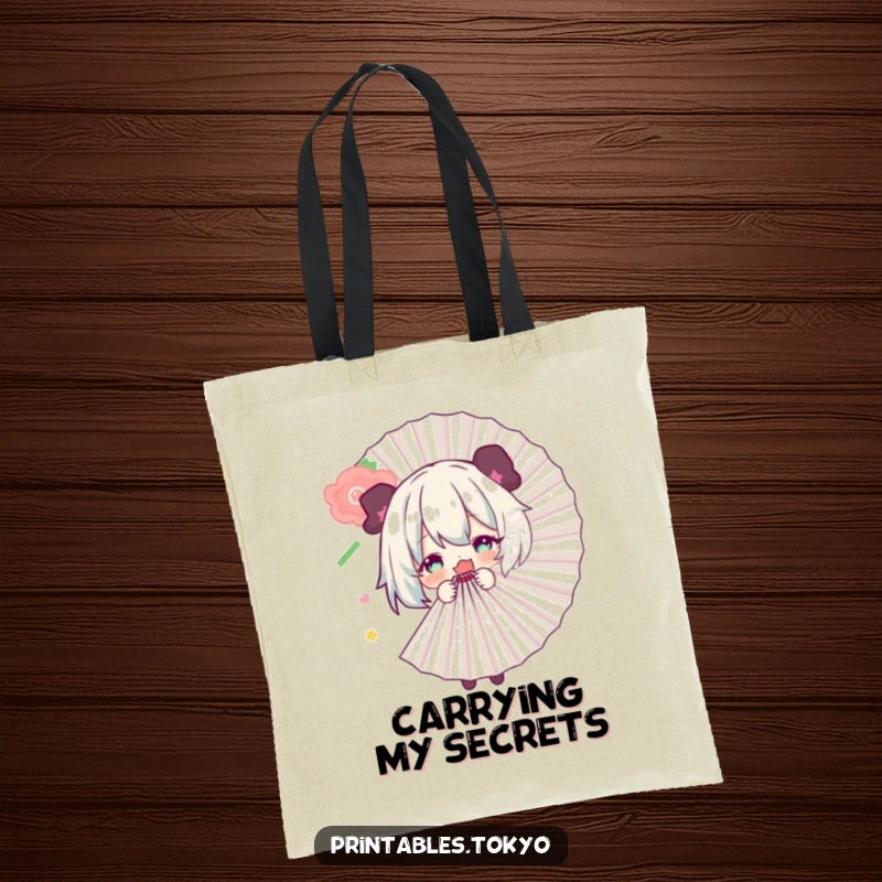 Funny tote bag with a character playfully peeking from behind a large fan, offering a humorous and unique way to carry items.