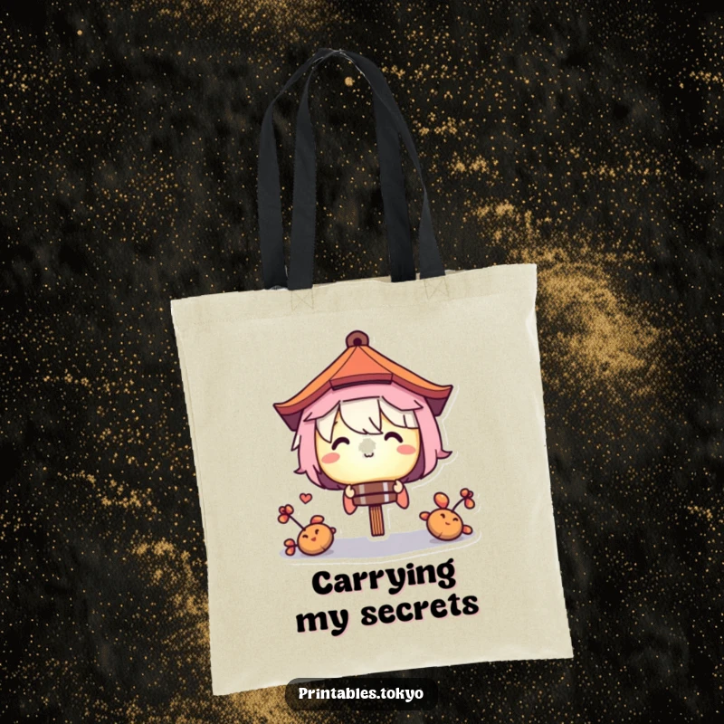 Funny tote bag illustration of a character peeking mischievously from behind a glowing paper lantern, perfect for a fun and mysterious vibe.