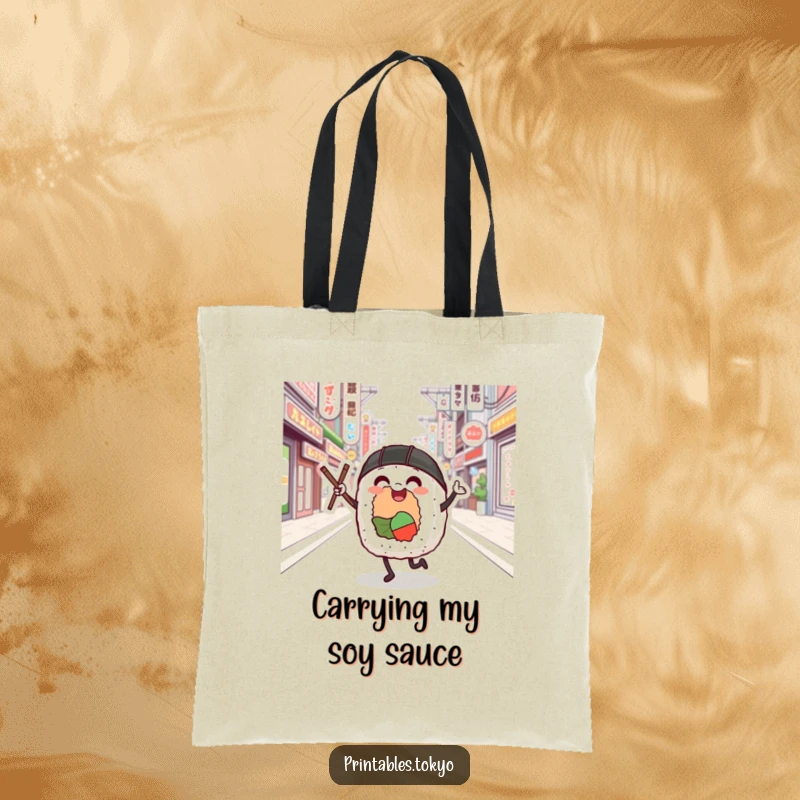 Funny sushi roll character dancing with chopsticks on a Tokyo street, printed on a durable tote bag.
