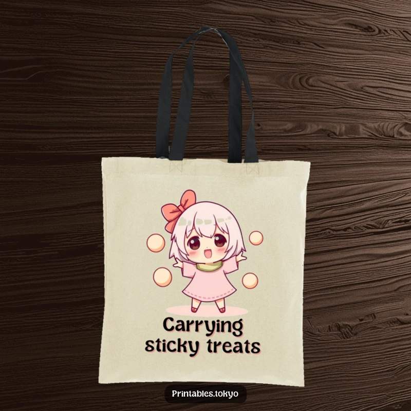 Funny tote bag showcasing a joyful character happily juggling small, round mochi balls, perfect for carrying essentials with a smile.