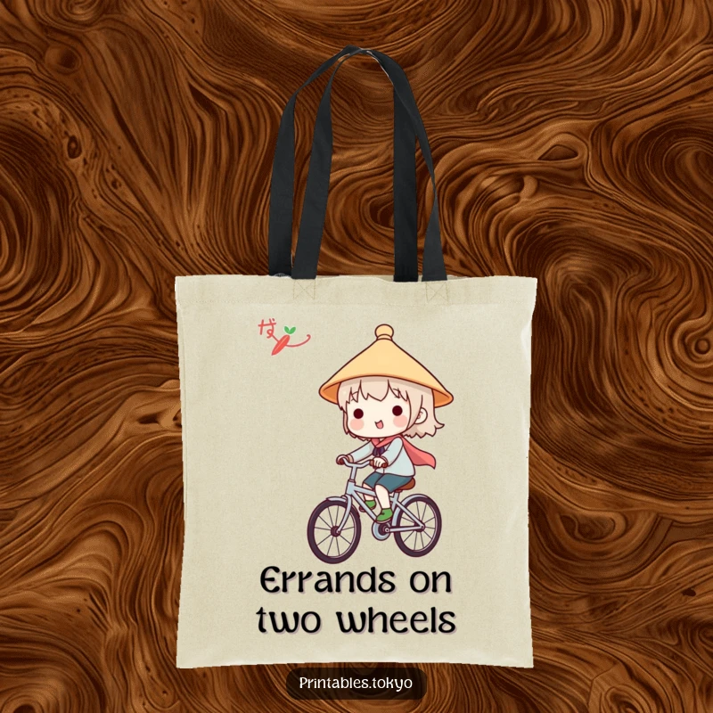 Funny tote bag with a cute character in a Japanese hat, happily riding a bicycle, perfect for stylish and humorous errands.