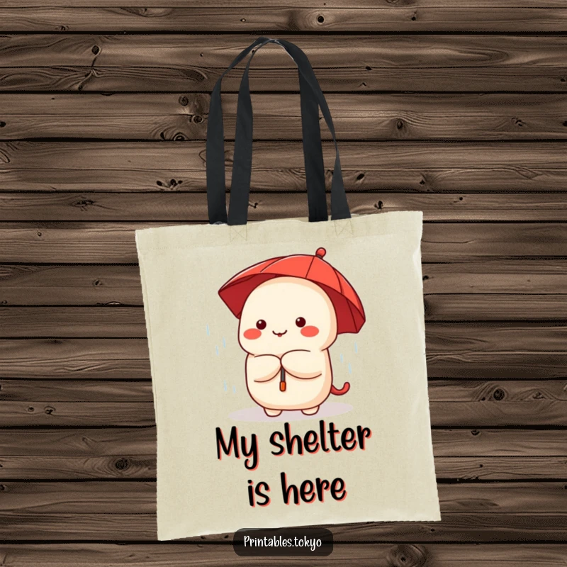 Funny cute dumpling character peeking from under a small red umbrella, shown on a practical tote bag.