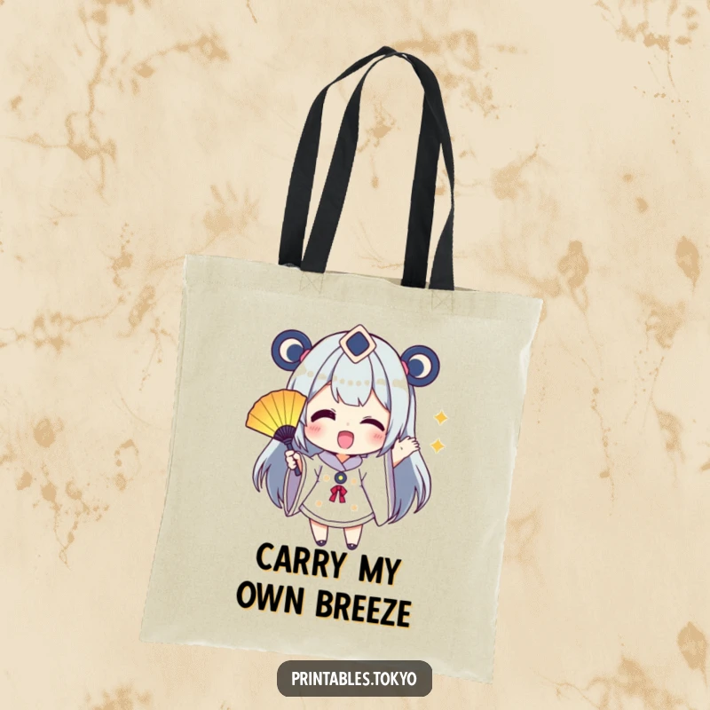 Funny Tote Bag: A character excitedly waves a small, colorful fan, ideal for carrying essentials with an enthusiastic flair.