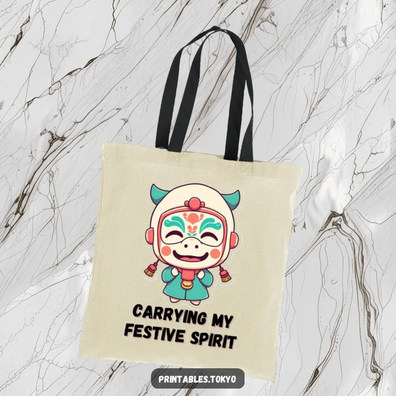 Funny tote bag featuring a character in a tiny festival mask making a funny face, great for carrying essentials.