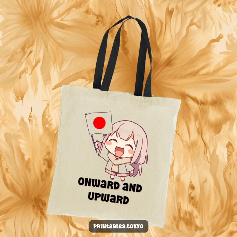 Funny tote bag showcasing a vibrant character energetically waving a small Japanese flag, perfect for carrying goods with a smile.
