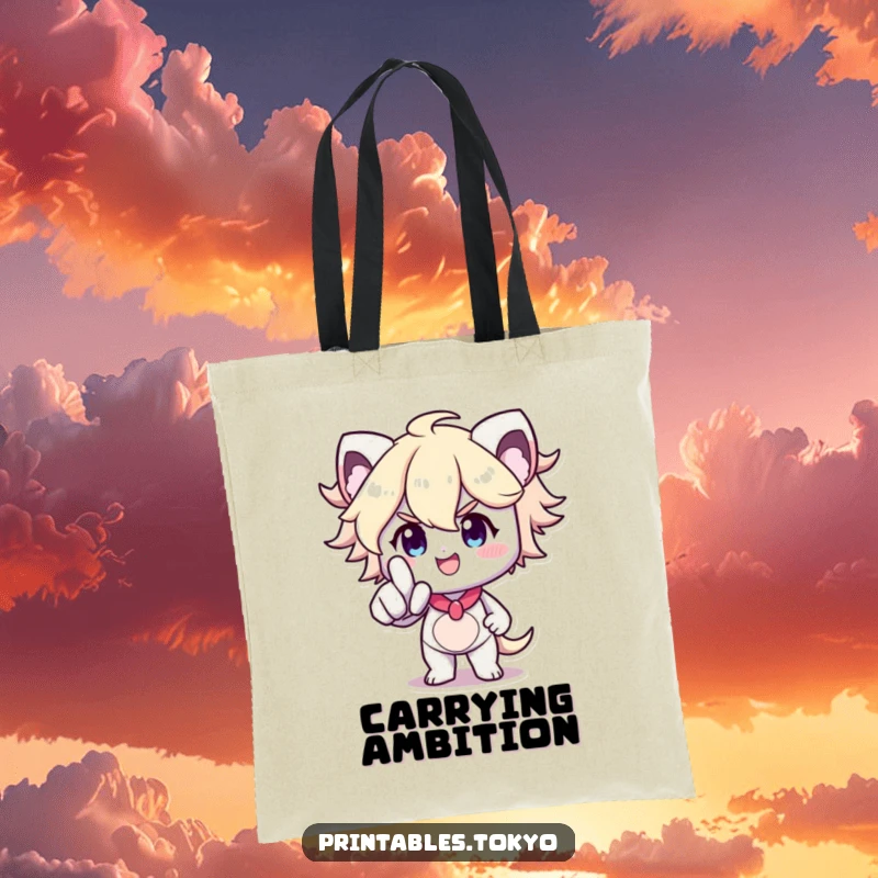 Funny Tote Bag: A determined character points forward with a smile, carrying your items and aspirations with humor, a funny gift.