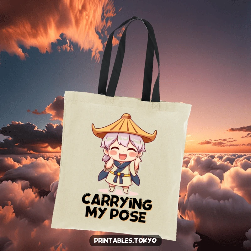 Funny tote bag illustration of a character in a Japanese hat striking a comical pose, perfect for carrying items with humor.