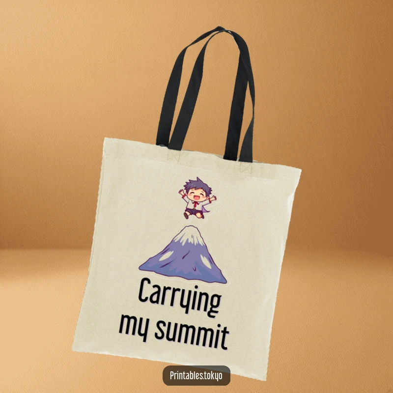 Funny Tote Bag: A character joyfully leaps over Mount Fuji, making it a humorous and practical accessory for adventurers.