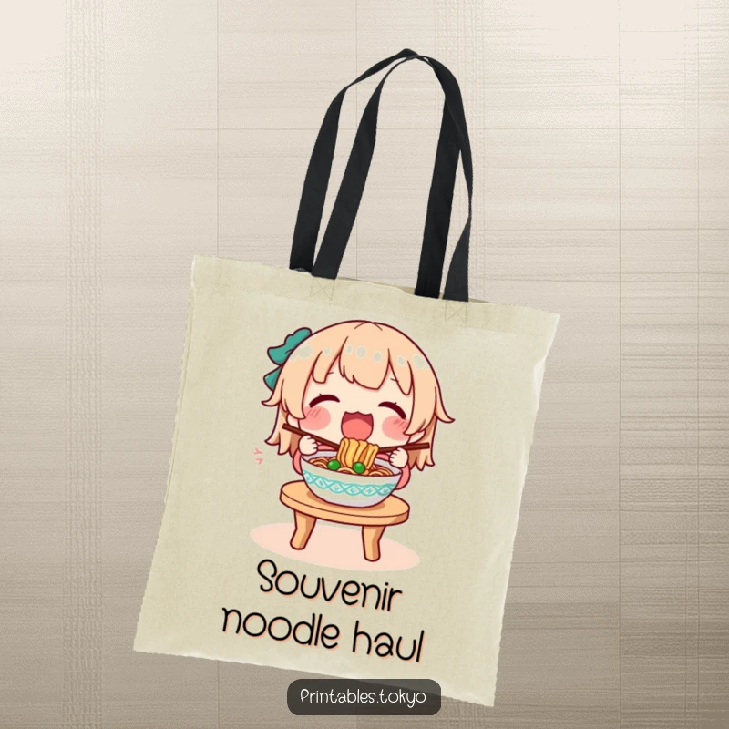 Funny tote bag illustration of a character deeply engrossed in eating a steaming bowl of noodles.