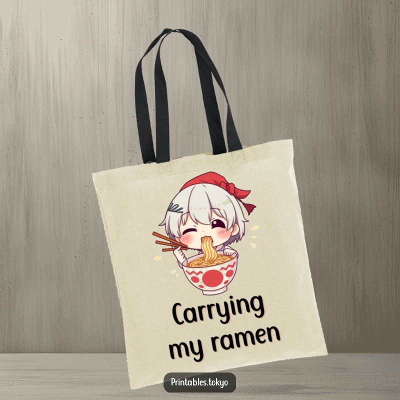 Funny tote bag illustrating a character excitedly eating ramen with chopsticks held triumphantly high.