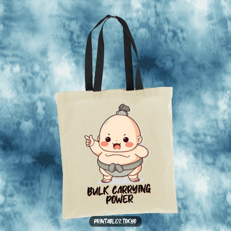 Funny character dressed as a sumo wrestler, playfully pointing, on a durable tote bag. Humorous and boldly practical.