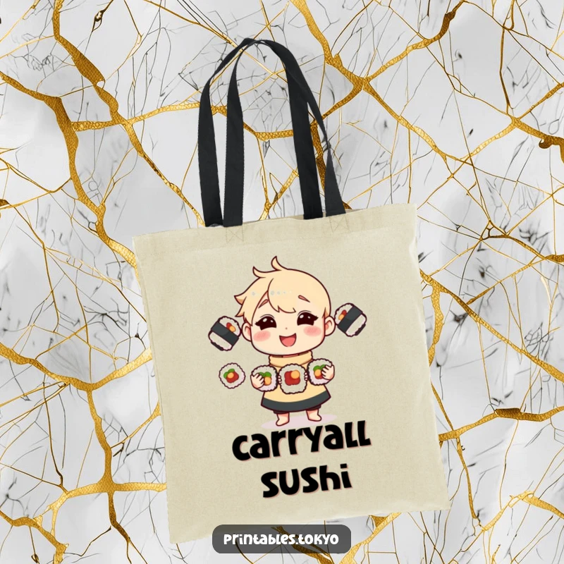 Funny Tote Bag illustrating a skilled character juggling three delicious sushi rolls, making errands fun and humorous.