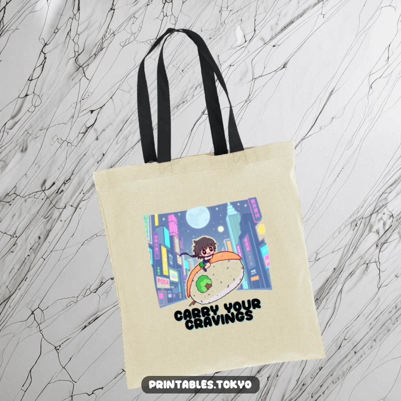 Funny tote bag showing a character riding a huge sushi roll through a brightly lit, futuristic neon city.