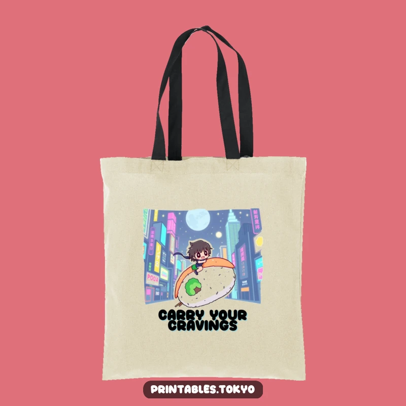 Funny Sushi Rider Tote Bag: Neon City Character, Carry Your Urban Feast