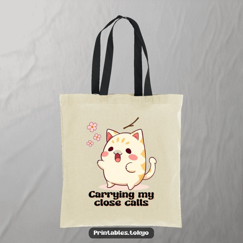 Funny tote bag showing a surprised taiyaki character with its tail wagging, narrowly avoiding a falling cherry blossom, a playful design.