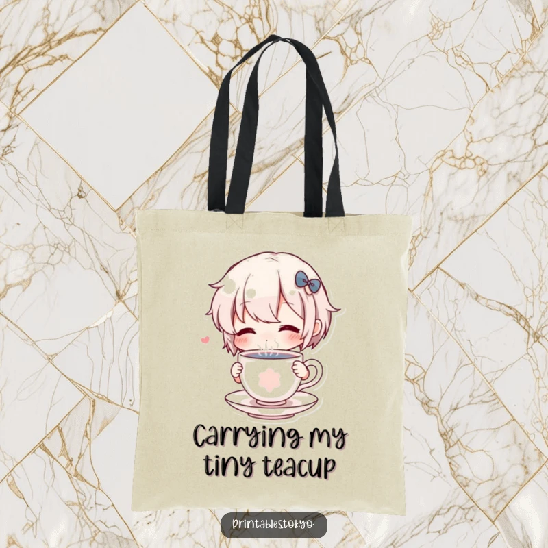 Funny Tote Bag: Cute character comically sips from a miniature, steaming teacup, perfect for carrying daily essentials.