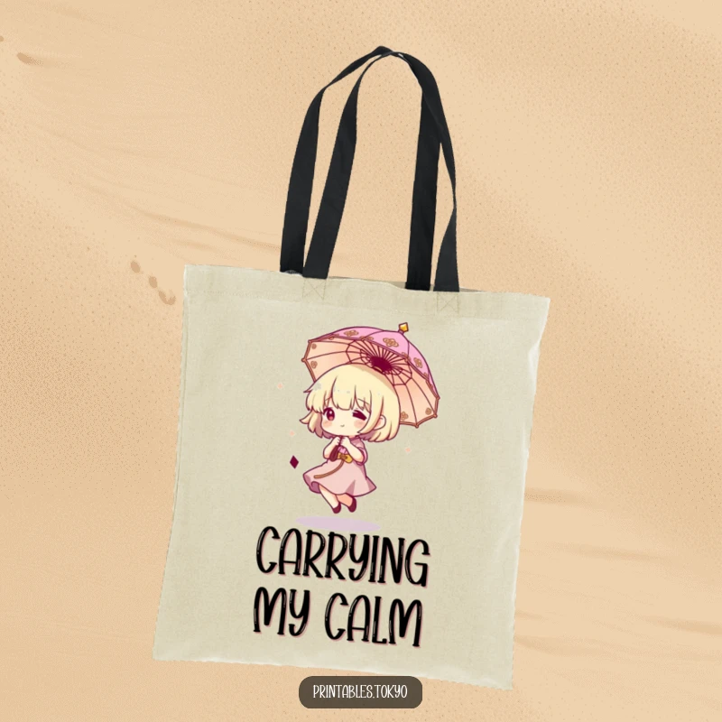 Funny tote bag illustration of a happy character mid-bounce with a tiny, fancy umbrella held aloft, perfect for carrying essentials with flair.
