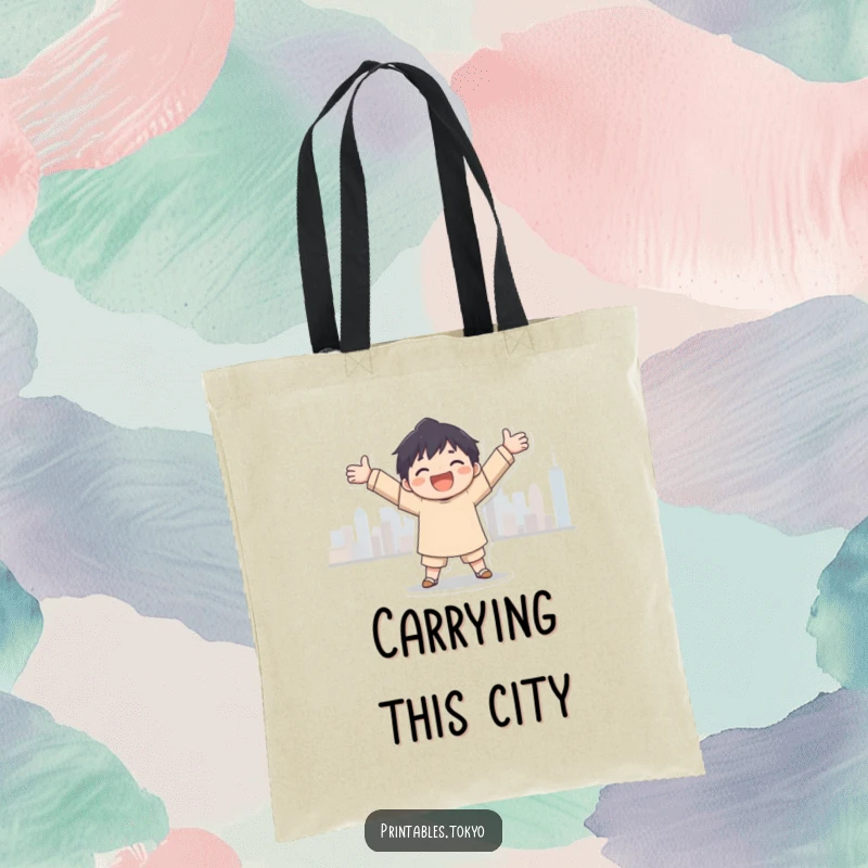 Funny city embrace tote bag, a character joyfully embracing a city skyline silhouette, perfect for carrying essentials with urban flair.