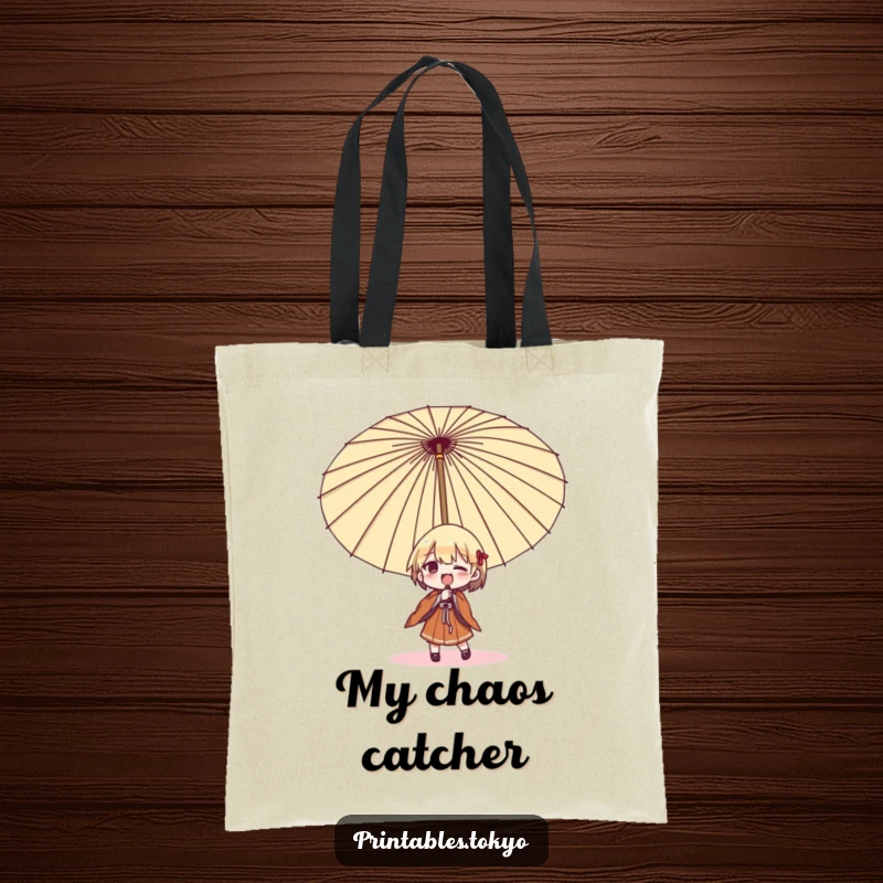 Funny umbrella struggle tote bag, a character comically fighting a large Japanese umbrella, a humorous and practical accessory.