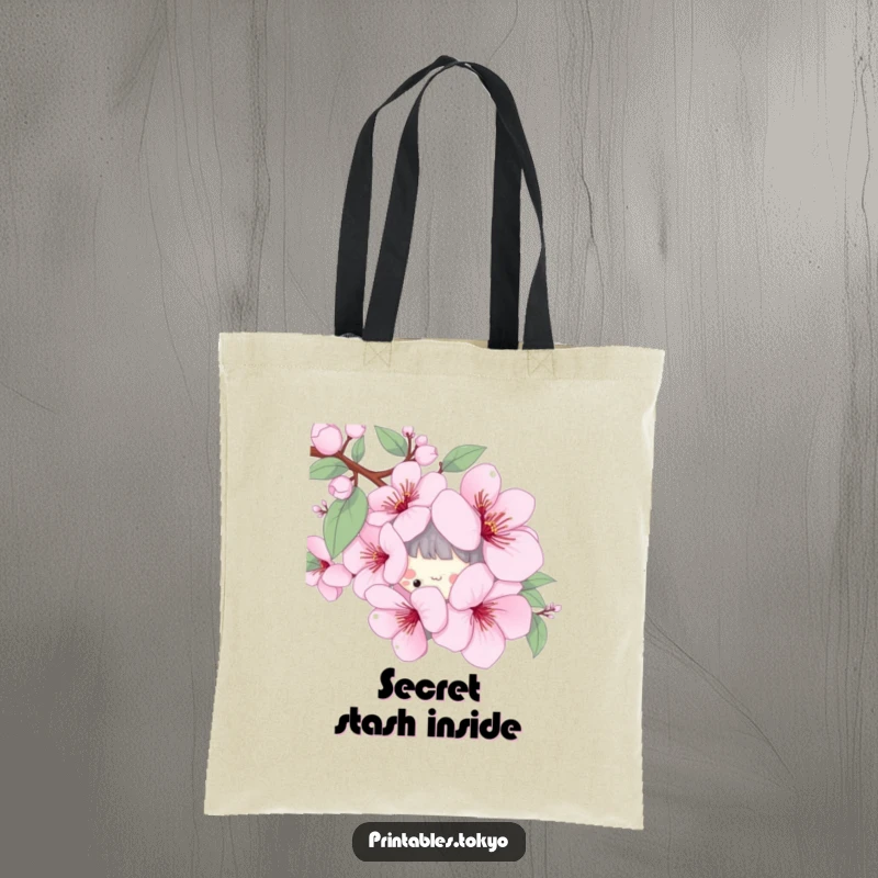 Funny tote bag with a playful character peeking from behind a large cherry blossom, perfect for spring errands.